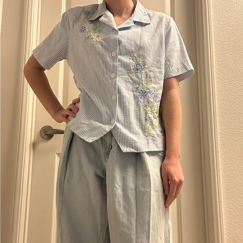 Alfred Dunner Blue and White Striped Blouse Embroidered Floral Details